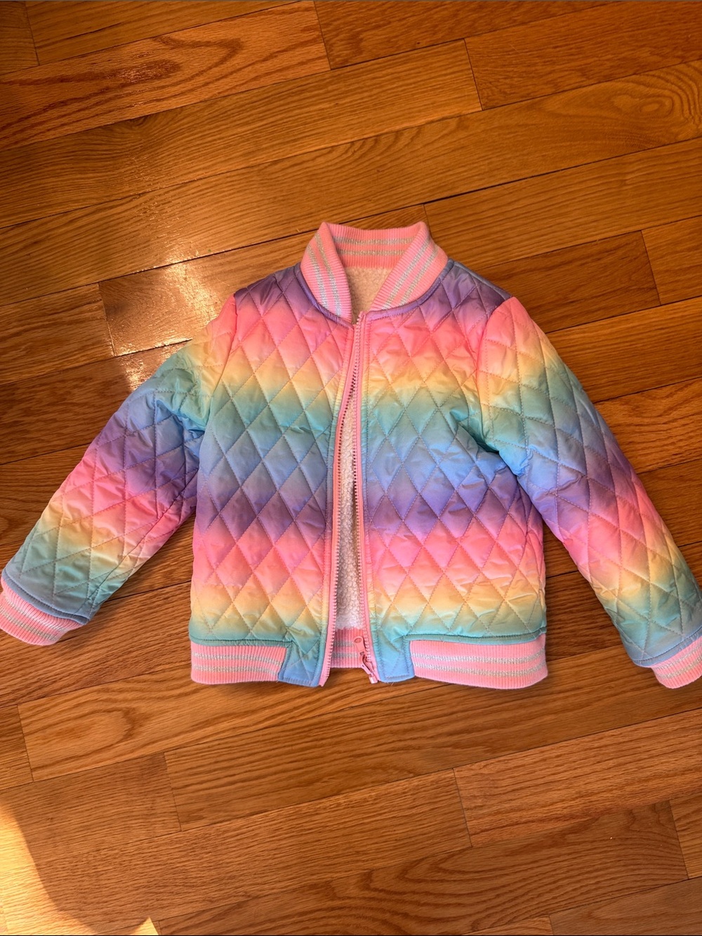 Kids Rainbow Quilted Bomber Jacket - rainbow silver white shearling Multi